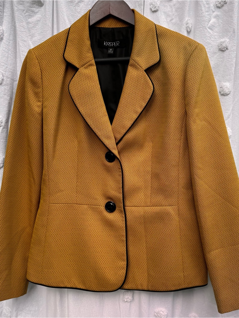 Kasper Women’s Size 12 Mustard Gold Blazer Black Piping 2 Button Career Jacket